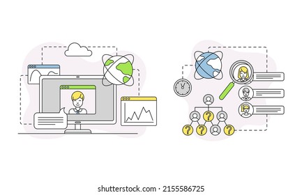 Human resource management, online communication and finance lined symbols vector illustration
