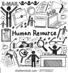 Human resource management in organization handwriting doodle icon sketch sign and symbol in white isolated background paper used for business education presentation title with header text (vector)