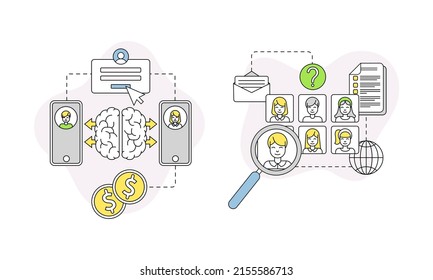 Human resource management, professional staff searching, online communication and finance lined symbols vector illustration