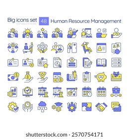 Human resource management RGB color icons set. Hiring staff for business development. Talents recruitment. Isolated vector illustrations. Simple filled line drawings collection. Editable stroke