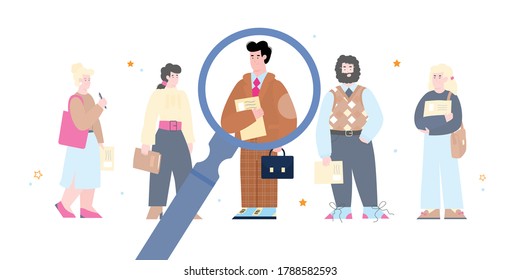 Human resource management and searching for efficient staff concept with job candidates cartoon characters under magnifier, vector illustration isolated on white background.