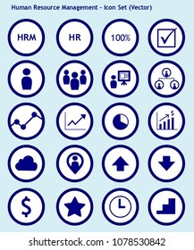 Human resource management (system) icon set : team, presentation, graph, chart, tracking, tracing, cloud, location, money, success, growth