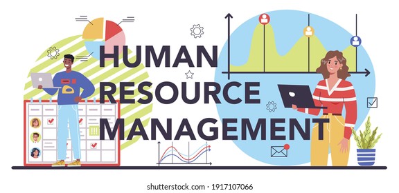 Typografischer Header für die Personalverwaltung. Einstellung von Unternehmen und Anpassung von Mitarbeitern. HR-Manager leitet Teamwork. Personalmanagement. Einzelne flache Vektorgrafik