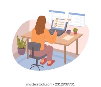 Human resource manager hiring looking at candidates resume flat cartoon vector illustration. Job interview, recruitment agent woman looking at CV of potential workers at computer, hiring agency