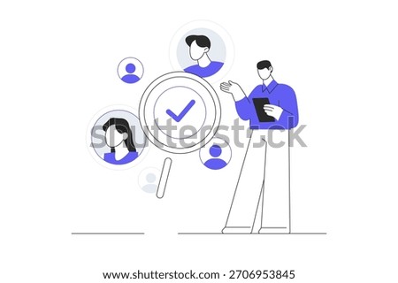 Human resource manager looking for employees for companie. HR management. Hire and recruitment. Flat Cartoon Vector Illustration, icon Stylish abstract design landing page web