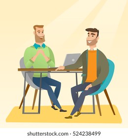 Human resource manager talking with job applicant. Job applicant during job interview for the position. Job interview concept. Vector flat design illustration in the circle isolated on red background.