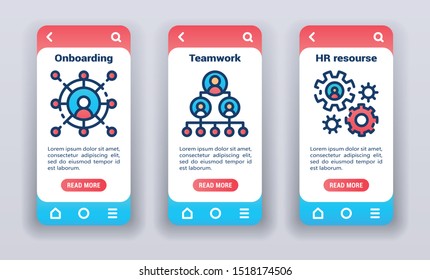Human resource on mobile app onboarding screens. Flat icons, onboarding, teamwork, hr. Banners for website and mobile kit development. UI/UX/GUI template.