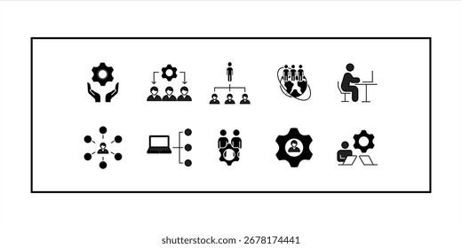 Ícone de gerenciamento de organização de recursos humanos com engrenagens, estrutura de trabalho em equipe, hierarquia, diagrama de liderança, símbolos de rede de funcionários, ilustração vetorial