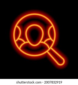 Human Resource, recruit to a job, search experts, talent people, business icon. Orange neon style on black background. Light linear icon with editable stroke