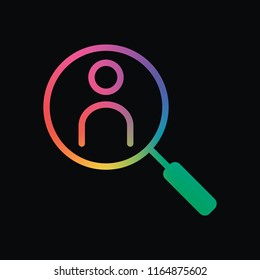 Human resource, search profile. Linear icon, thin outline. Rainbow color and dark background