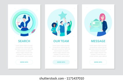 Human resource - set of flat design style banners on grey background with place for text. Collection with businesspeople holding a loupe, letter, reaching for a star. Search, our team, message themes