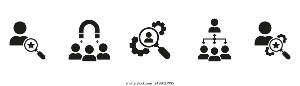 Human Resource Silhouette Icon Set. Hiring Talent Employee Symbol Collection. Find People, Employment Glyph Pictogram. Recruitment Agency Sign. Isolated Vector Illustration.