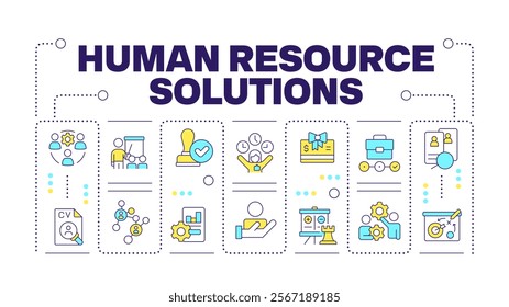 Human resource solutions word concept isolated on white. Company personnel management. Recruiting. Creative illustration banner surrounded by editable line colorful icons