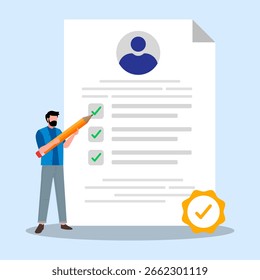 Personalmitarbeiter, die mit Bleistift eine Checkliste auf Lebenslauf-Kandidaten markieren. Konzept Prüfung Kandidatenfragebogen Neueinstellung Onboarding Checkliste offene Stelle Geschäftsgespräch und Personaleinstellung. 