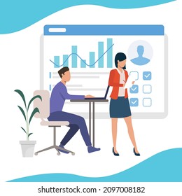The human resource team discusses the prospective candidates who want to be accepted based on the personal data. HRD. Human Resource. Reviewer. Interview. Review. Vector colorful illustration.