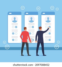 Human resource team reviews an discussing the incoming candidate files by sorting and sorting the files according to the qualifications. HRD. Interview. Human Resource. Review. Curriculum Vitae. 
