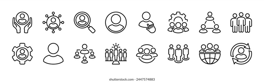 Human resource thin line icon set. Containing leadership, people, employee, manager, teamwork, partnership, recruitment, group, organisation, global connection business management. Vector illustration