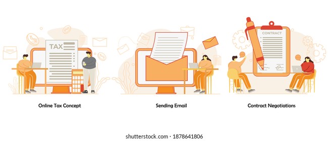 Human Resource Work Activity Graphic Set. Online Tax Concept, Sending Email Concept, Contract Negotiation Concept Vector Illustration Design Flat