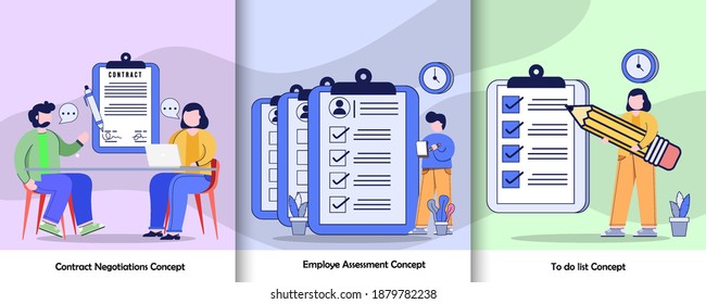 Human Resource Work Activity Graphic Set. Contract Negotiation Concept, Employee Assessment Concept, To do list concept Vector Illustration Design Flat