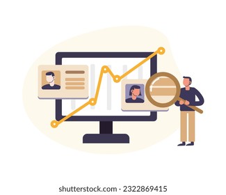 Human resource worker holding magnifying glass and looking at resume of different workers on monitor. Professional man from recruitment company hiring candidates. Flat vector illustration