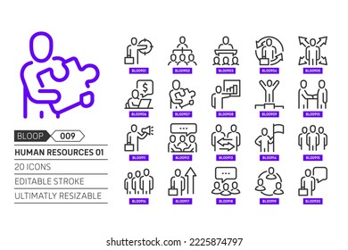 Human resources 01 related, pixel perfect, editable stroke, up scalable, line, vector bloop icon set. 