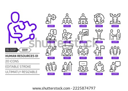 Human resources 01 related, pixel perfect, editable stroke, up scalable, line, vector bloop icon set. 