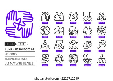 Human resources 02 related, pixel perfect, editable stroke, up scalable, line, vector bloop icon set. 