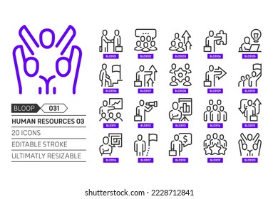 Human Resources 03 verwandt, Pixel perfekt, bearbeitbarer Strich, nach oben skalierbar, Linie, Vektorbloop Symbol Set. 