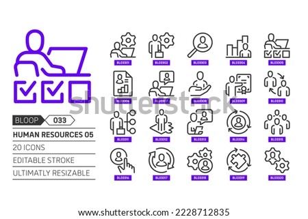 Human resources 05 related, pixel perfect, editable stroke, up scalable, line, vector bloop icon set. 