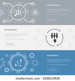 Human Resources 3 horizontal webpage banners template with hr solutions, hr recruiter, hr strategy concept. Flat modern isolated icons illustration.