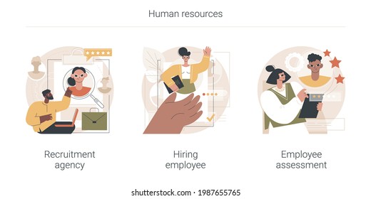 Human Resources Abstract Concept Vector Illustration Set. Recruitment Agency, Hiring Employee, Employee Assessment, Job Listing, Head Hunting, Performance Review, SWOT Analysis Abstract Metaphor.