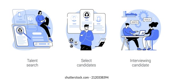 Human resources agency isolated cartoon vector illustrations set. Talent search, select candidates, interview with professional HR specialist, headhunter job, recruiting company vector cartoon.