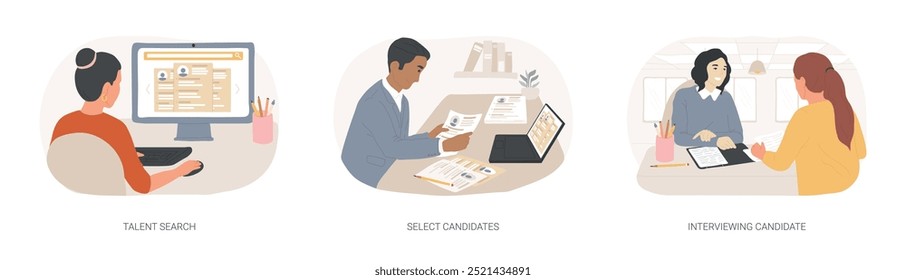 Human resources agency isolated cartoon vector illustrations set. Talent search, select candidates, interview with professional HR specialist, headhunter job, recruiting company vector cartoon.