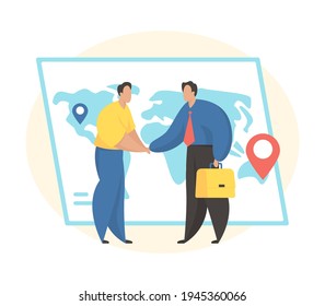 Human resources agency for migrants. Getting job in another country. Male cartoon character hr manager meets new employee from abroad. Flat vector illustration