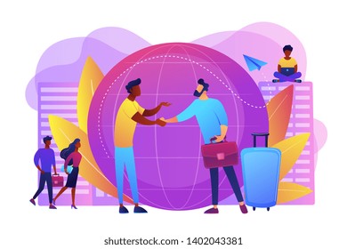 Human resources agency for migrants. Help hub. Expat work, effective migrant workers, expatriate programme, outside country employment concept. Bright vibrant violet vector isolated illustration