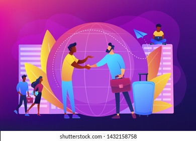 Human resources agency for migrants. Help hub. Expat work, effective migrant workers, expatriate programme, outside country employment concept. Bright vibrant violet vector isolated illustration