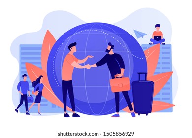 Human resources agency for migrants. Help hub. Expat work, effective migrant workers, expatriate programme, outside country employment concept. Bright vibrant violet vector isolated illustration