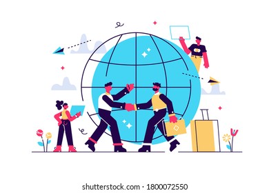 Human resources agency for migrants. Help hub. Expat work, effective migrant workers, expatriate programme, outside country employment concept. Bright vibrant violet vector isolated illustration