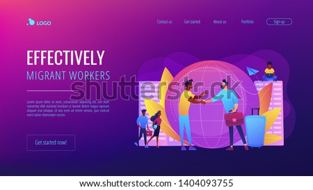 Human resources agency for migrants. Help hub. Expat work, effective migrant workers, expatriate programme, outside country employment concept. Website homepage landing web page template.