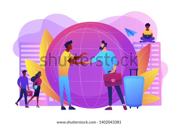 Human resources agency for migrants. Help
hub. Expat work, effective migrant workers, expatriate programme,
outside country employment concept. Bright vibrant violet vector
isolated illustration