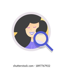 Human resources analysis, search candidate or recruitment concept vector icon flat cartoon illustration, idea of person identification, inspection of woman profile via magnifying glass modern design