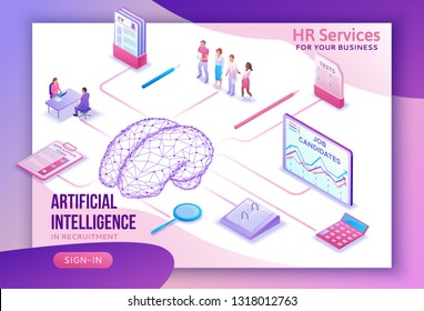 Human resources with artificial intelligence,hr recruiting agency website ui ux template with 3d employer hiring man, job interview, candidate search work, business people, isometric illustration