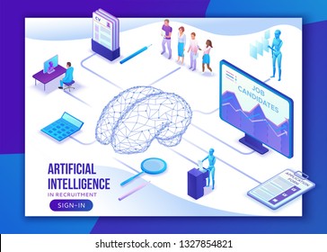 Human resources with artificial intelligence,hr recruiting agency website ui ux template with 3d employer hiring man, job interview, candidate search work, business people, isometric illustration