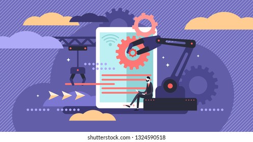 Human resources automation vector illustration. Flat tiny person work concept. 21st century challenge - workforce employment social crisis. Digital era algorithm artificial intelligence domination.