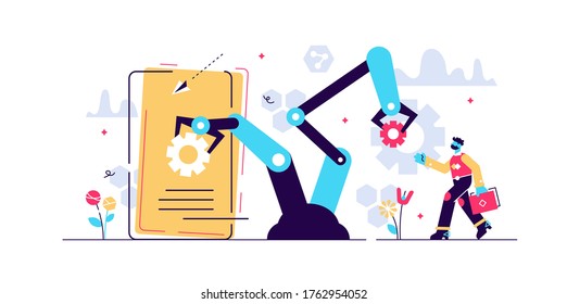 Human resources automation vector illustration. Flat tiny person working concept. 21st century challenge - workforce employment social crisis. Digital era algorithm artificial intelligence domination.