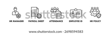 Human Resources banner web icon illustration concept with icon of HR manager, payroll sheet, attendance, employee ID, and HR policy