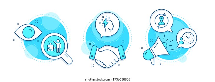Human resources, Brainstorming and Strategy line icons set. Handshake deal, research and promotion complex icons. Time management sign. Update profile, Lightning bolt, Business plan. Work time. Vector