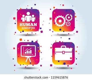 Human resources and Business icons. Presentation board with charts signs. Case and gear symbols. Colour gradient square buttons. Flat design concept. Vector