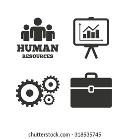 Human resources and Business icons. Presentation board with charts signs. Case and gear symbols. Flat icons on white. Vector