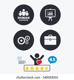 Human resources and Business icons. Presentation board with charts signs. Case and gear symbols. Star vote ranking. Client like and think bubble. Quotes with message.